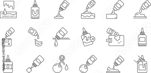 
A varied collection of minimalist outline icons, focusing on liquid glue in various bottles and application scenarios, such as drops, pouring, and applied to surfaces,