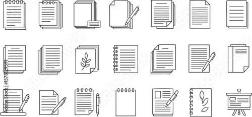 A varied collection of minimalist outline icons, predominantly depicting different types of loose-leaf paper, notepads, and documents
