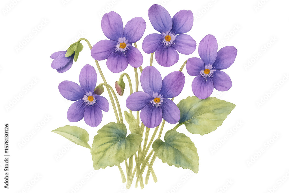 Obraz premium Watercolor painting of a bouquet of purple violets with green leaves, isolated on a transparent background