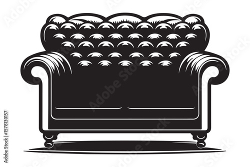 Classic two seater sofa with comfortable round decorative pillows presented as a clean and modern silhouette design
