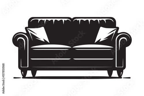 Classic two seater sofa with comfortable round decorative pillows presented as a clean and modern silhouette design