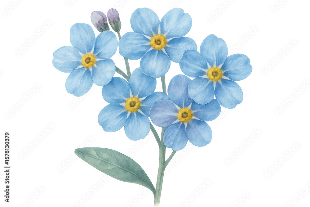 Naklejka premium Watercolor forget-me-nots blooming with vivid blue petals, yellow stamen highlighting delicate botanical artwork against transparent surface