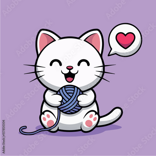 Cute cartoon cat playing with yarn ball vector illustration adorable kitten graphic design for kids and pets 100