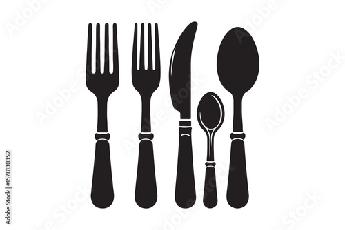 Cutlery set - fork, knife, table spoon, tea spoon. Black silhouette drawing  on white background.