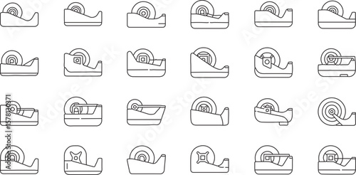 
A diverse set of minimalist outline icons, each depicting a tape dispenser from various angles and designs, suitable for stationery, office, or craft-related themes.