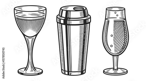 Vintage Engraving of Champagne Glass, Beer Pint, and Cocktail Shaker
