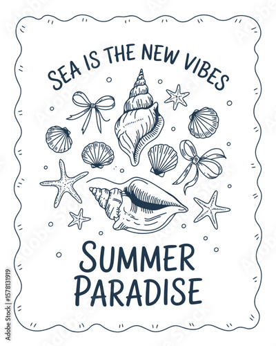 Retro Tropical Summer Vector Illustration Featuring Hand-Drawn Seashells, Bohemian Linear Logos, Ocean Symbols, Beach Elements, Surfing Icons, Sun, and Sea in Artistic Style


