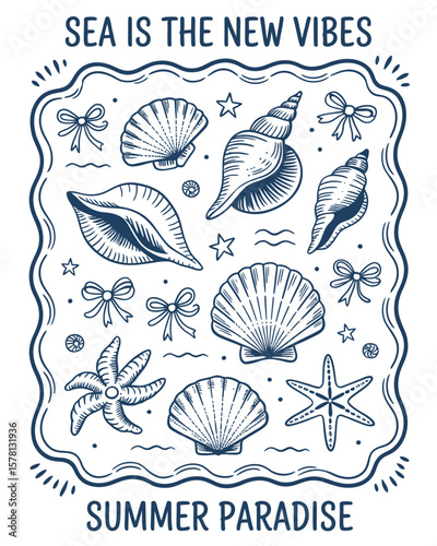 Retro Tropical Summer Vector Illustration Featuring Hand-Drawn Seashells, Bohemian Linear Logos, Ocean Symbols, Beach Elements, Surfing Icons, Sun, and Sea in Artistic Style

