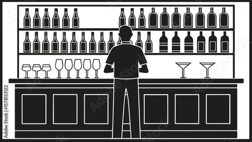 Silhouette Bartender Mixing Drinks Behind Bar with Bottles and Glasses