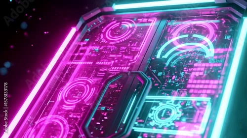 Futuristic neon circuit board design illuminated with vibrant pink and blue lights in a digital space