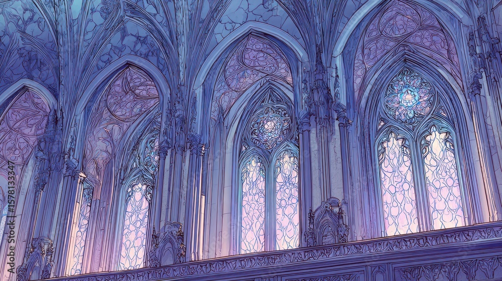 Naklejka premium A dreamy, violet Gothic cathedral interior
