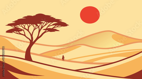 Desert Landscape with Sand Dunes, Tree, Hiker, and Sunset in Vector Style