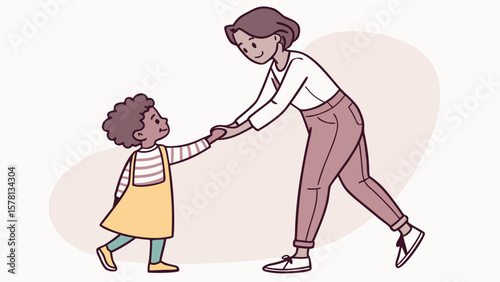 Adult and child holding hands and walking together with a smile