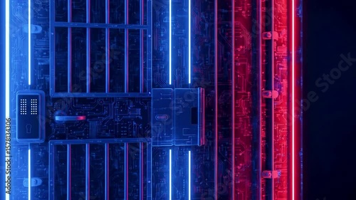 Futuristic digital lock surrounded by neon blue and red lights, symbolizing security in technology