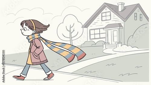 Young girl with a long striped scarf walking on a sidewalk past a house