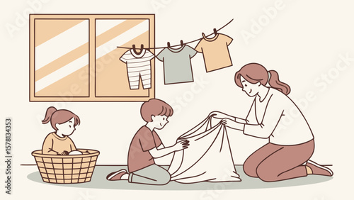 Mother and children doing laundry together hanging clothes on a line