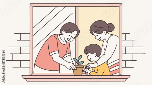 Family planting a small plant together by the window indoors