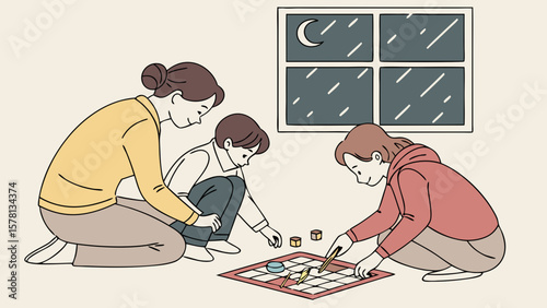 Family playing a board game together indoors on a rainy night
