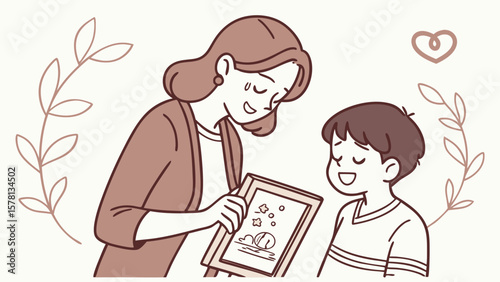 Joyful mother proudly shows her child s artwork with a smile