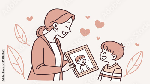 Mother proudly shows her son a framed drawing of himself