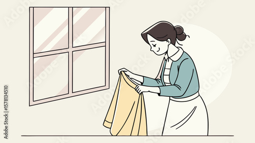 Woman happily folding laundry in front of a window in a simple illustration style