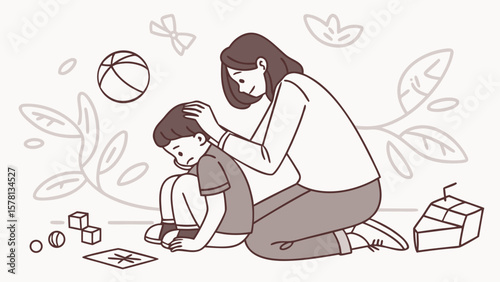 Caring mother comforting her sad son with a gentle touch on his head