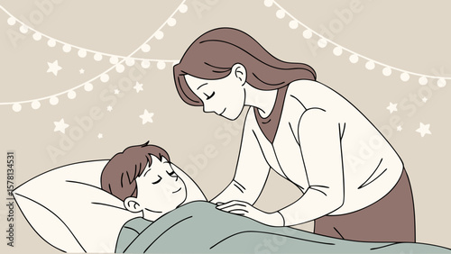 Mother tucking her sleeping child into bed with care and love
