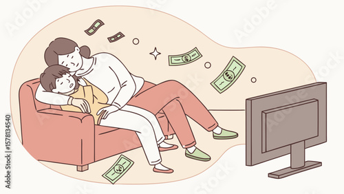 Mother and child relax on sofa watching television with money falling around them