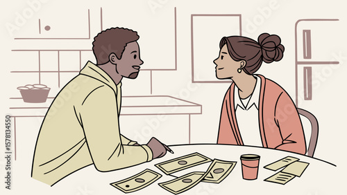 Couple discussing finances and counting money together at the kitchen table