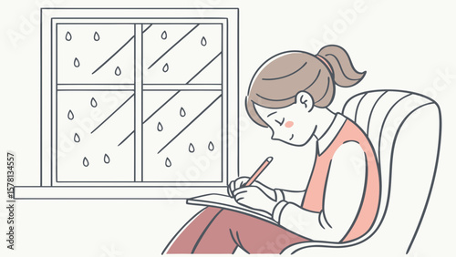 Young woman sitting in a chair writing in a notebook on a rainy day