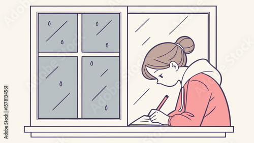 Young girl writing at a desk by the window on a rainy day