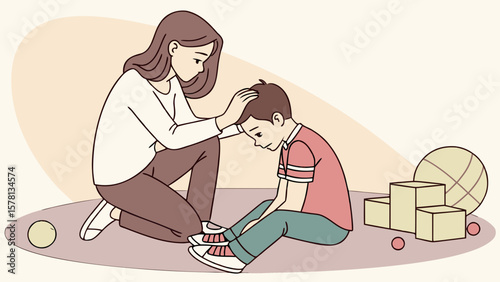 Mother comforts her sad son who is sitting on the floor with toys around them
