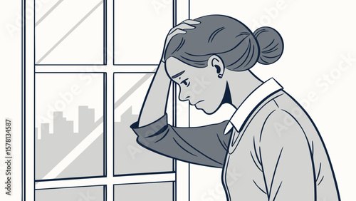 Woman holding her head in despair looking out a window at city skyline
