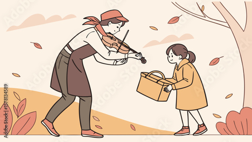 Musician plays violin for child holding picnic basket in autumn park