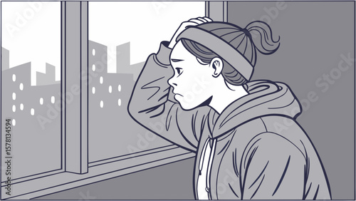 Young woman with ponytail and headband looking out window with hand on head