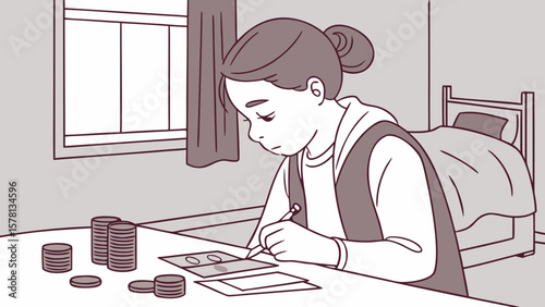 Young girl carefully counting money and writing at a desk in her bedroom