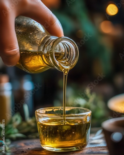detailed macro of extra virgin olive oil being poured from glass bottle