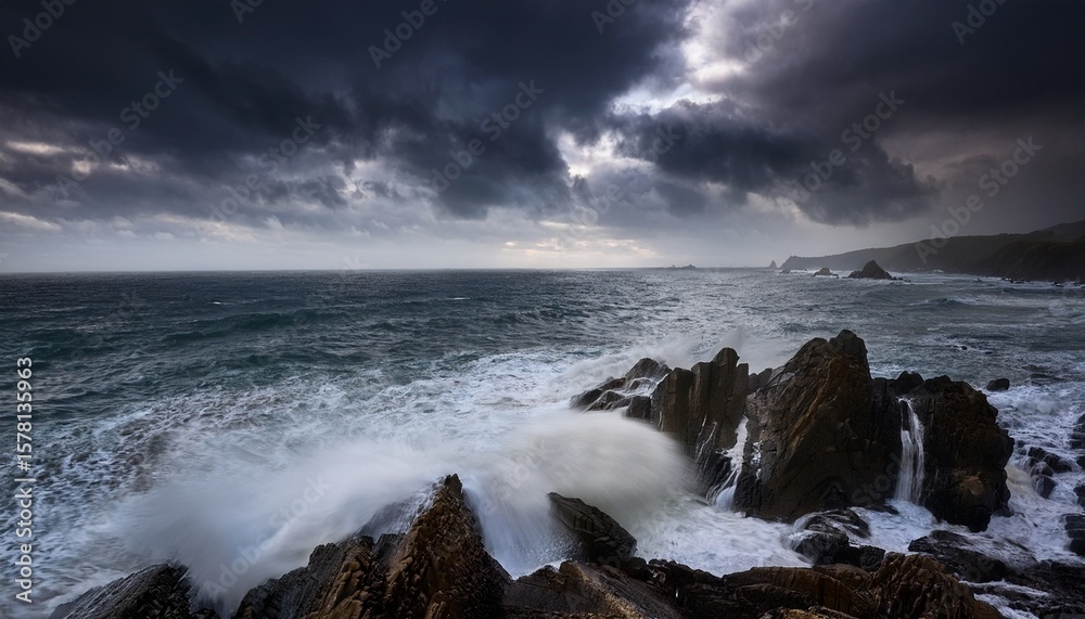 Fototapeta premium a dramatic seascape with dark clouds and crashing waves against rocky shores creating a sense of movement and emotion in nature