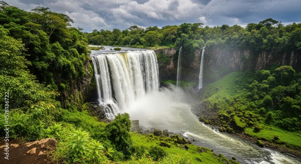 Fototapeta premium Majestic Waterfall Cascading Through Lush Green Jungle Overcast Sky with Dramatic Clouds