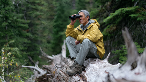 Elderly Nature Enthusiast Observing Wildlife Forest Environment Outdoor Photography Scenic View Adventure Concept