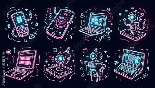 Neon Pink Blue Retro Tech Robots Laptops Phones technology