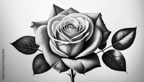 black and white sketch of a beautiful rose flower with leaves