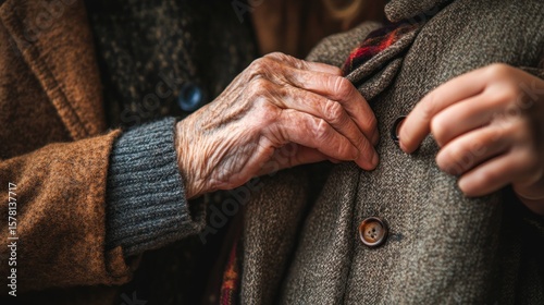 Closeup hands buttoning coat