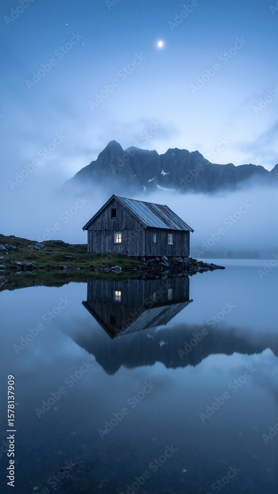 Fototapeta premium A charming small house with a cozy porch sits peacefully on the serene shore of a sparkling lake, surrounded by lush greenery and vibrant wildflowers.