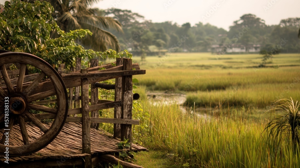 Fototapeta premium Vintage wooden cart wheel in rice paddy fields