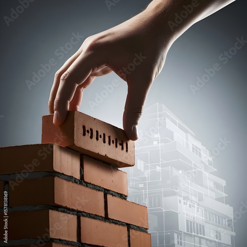 Hand placing a brick on a wall, symbolizing construction and building future projects