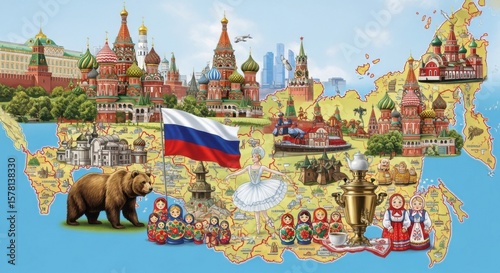Vibrant Collage of Russian Landmarks Culture and Symbols