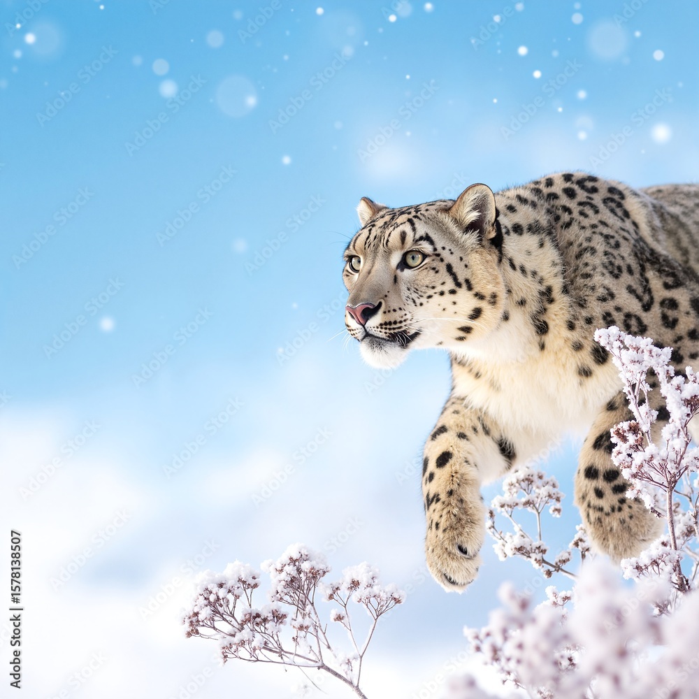 Fototapeta premium A majestic snow leopard stands gracefully atop a vibrant patch of wildflowers, its striking fur contrasting beautifully with the colorful blooms below.