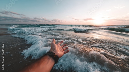 Hand reaching out over ocean waves sunrise