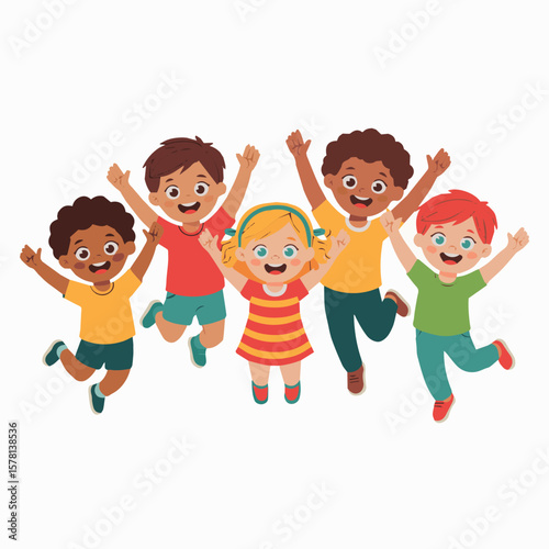 Illustration of happy diverse children jumping together celebrating friendship and childhood joy vector graphic design